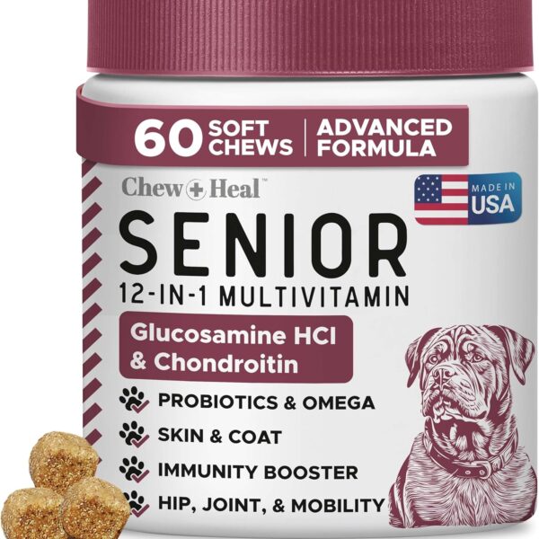 12-in-1 Multivitamin for Senior Dogs - 60 Senior Dog Vitamin and Supplement Soft Chews for Hip and Joint - Advanced Formula with Glucosamine, Omega 3,6,9, Vitamins, Probiotics - Made in The USA
