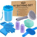 SHYNEE 8PCs Dog Grooming Kit - Dog Shampoo Brush | Washing Gloves | Adjustable Dog Bath Brush | Dog Paw Cleaner | 2X Toothbrush | Scrubber with Handle for Bath & Massage - A Complete Pet Grooming Kit