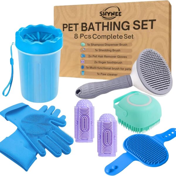 SHYNEE 8PCs Dog Grooming Kit - Dog Shampoo Brush | Washing Gloves | Adjustable Dog Bath Brush | Dog Paw Cleaner | 2X Toothbrush | Scrubber with Handle for Bath & Massage - A Complete Pet Grooming Kit
