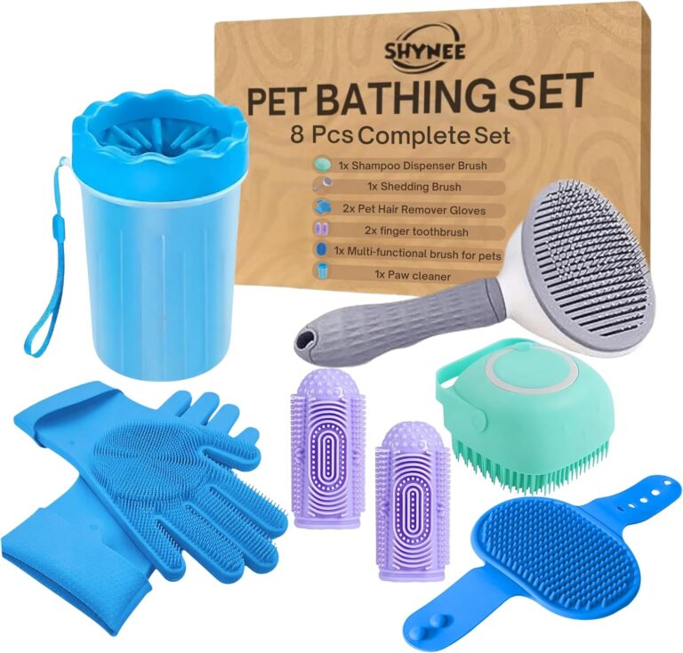 SHYNEE 8PCs Dog Grooming Kit - Dog Shampoo Brush | Washing Gloves | Adjustable Dog Bath Brush | Dog Paw Cleaner | 2X Toothbrush | Scrubber with Handle for Bath & Massage - A Complete Pet Grooming Kit