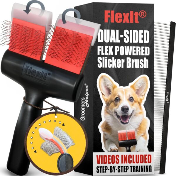 FlexIt Flexible Slicker Brush for Dogs - Professional 3-in-1 System & Video Trainings - Dual-Sided Dematting, Undercoating & Finishing Dog Grooming Brush by Groomers Helper (Double, Firm Flex)