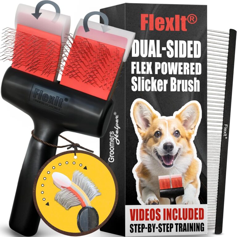 FlexIt Flexible Slicker Brush for Dogs - Professional 3-in-1 System & Video Trainings - Dual-Sided Dematting, Undercoating & Finishing Dog Grooming Brush by Groomers Helper (Double, Firm Flex)