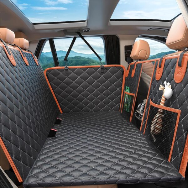 Dog Car Seat Cover for Back Seat, Hard Bottom Holds 500lbs, Waterproof Sturdy Anti Scratch Back Seat Pet Cover for Dogs with Mesh Window & Storage Bag & Dog Safety Belt, for Car SUV Small Truck