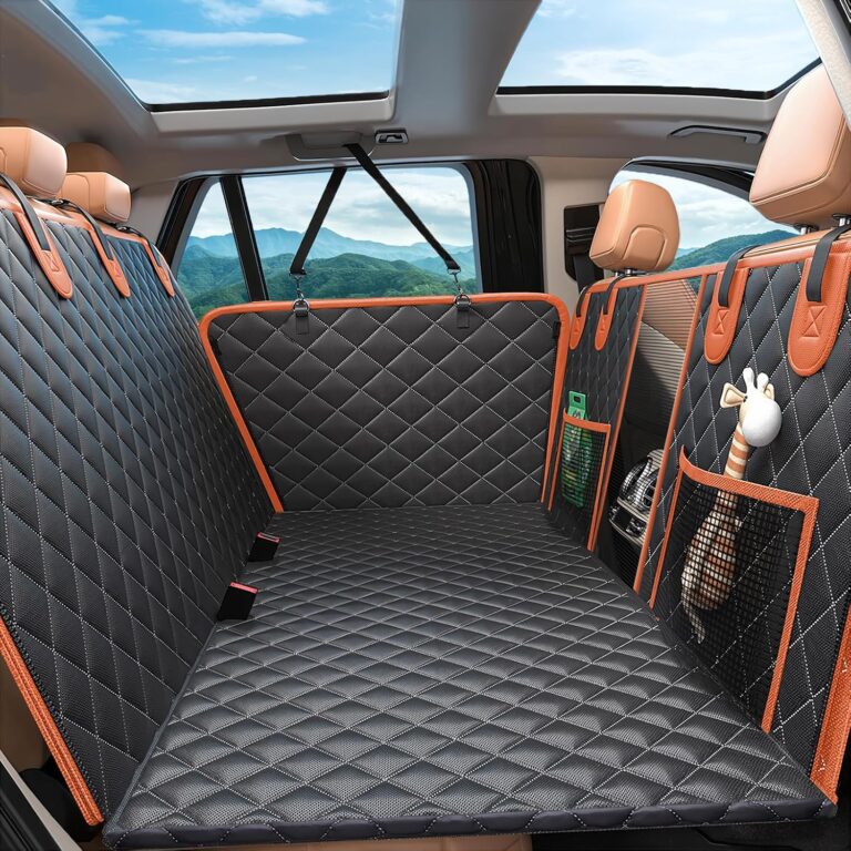 Dog Car Seat Cover for Back Seat, Hard Bottom Holds 500lbs, Waterproof Sturdy Anti Scratch Back Seat Pet Cover for Dogs with Mesh Window & Storage Bag & Dog Safety Belt, for Car SUV Small Truck