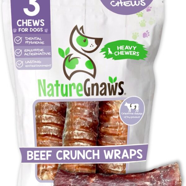 Nature Gnaws Beef Trachea Crunch Wraps for Dogs (3 Count) - Long Lasting Natural Beef Jerky Dog Chew Bones - Rawhide Free