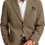 PJ PAUL JONES Mens Blazer Vintage Herringbone Tweed Blazer Two Button Wool Blend Sport Coat with Pocket Square