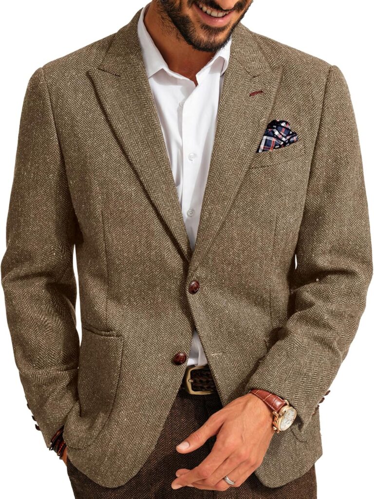 PJ PAUL JONES Mens Blazer Vintage Herringbone Tweed Blazer Two Button Wool Blend Sport Coat with Pocket Square