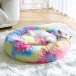 Calming Small Dog Bed, Donut Fluffy Anti-Anxiety Round Washable Cute Bed, Plush Cozy Cuddler Warming Soft Comfort Pet Bed for Small Medium Dogs Cats,28inch, Rainbow