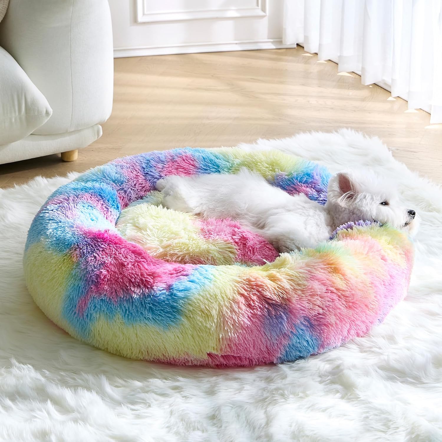 Calming Small Dog Bed, Donut Fluffy Anti-Anxiety Round Washable Cute Bed, Plush Cozy Cuddler Warming Soft Comfort Pet Bed for Small Medium Dogs Cats,28inch, Rainbow Calming Small Dog Bed, Donut Fluffy Anti-Anxiety Round Washable Cute Bed, Plush Cozy Cuddler Warming Soft Comfort Pet Bed for Small Medium Dogs Cats,28inch, Rainbow