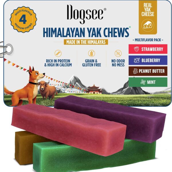 Dogsee Multiflavor Yak Chews (Strawberry, Blueberry, Peanut Butter & Mint) 280g Medium (4 Bars) | Himalayan Yak Cheese Chews for Dogs | Flavored Dental Treats for Dogs | Dog Treats Rawhide Free