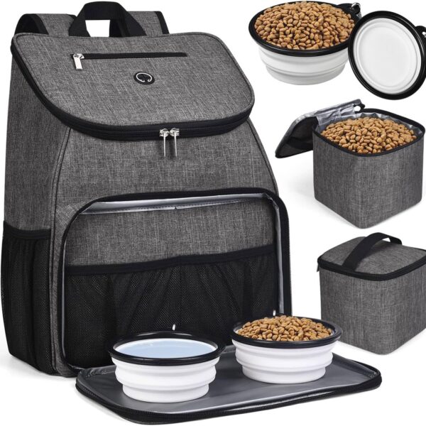 BAGLHERDog Travel Bag, Airline Approved Pet Supplies Backpack, Dog Travel Backpack Accessories Set with 2 Silicone Collapsible Bowls and 2 Food Baskets, Gray
