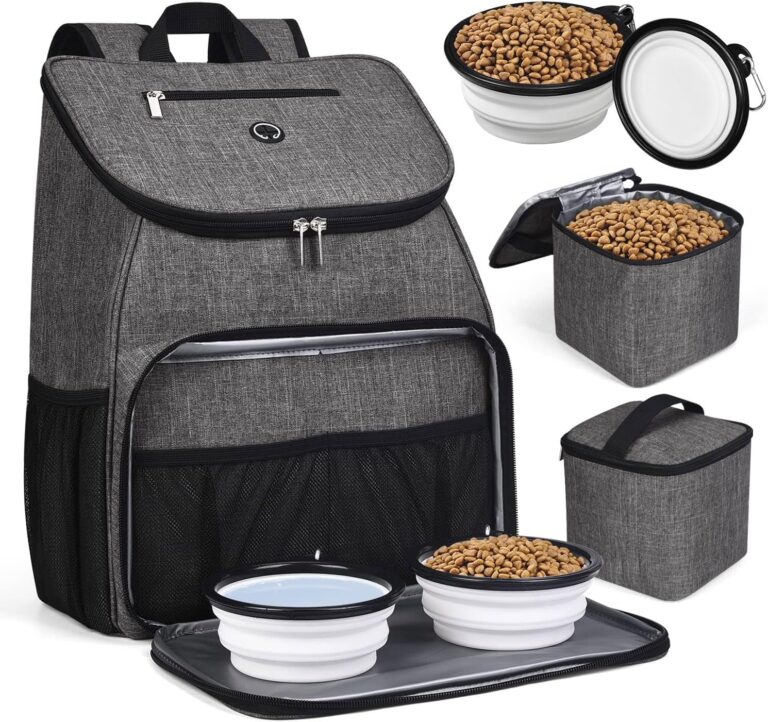 BAGLHERDog Travel Bag, Airline Approved Pet Supplies Backpack, Dog Travel Backpack Accessories Set with 2 Silicone Collapsible Bowls and 2 Food Baskets, Gray