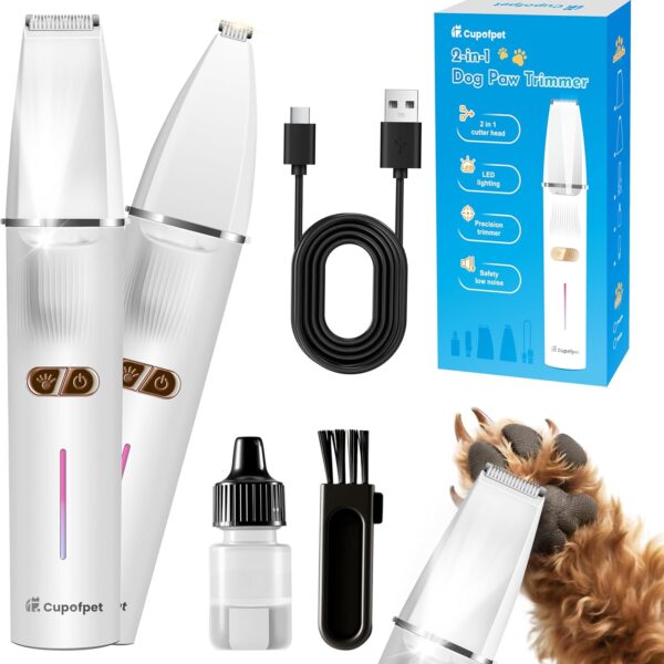 2-in-1 Dog Paw Trimmer with 2 Blades, Quiet Cordless Dog Clippers with 2 Speeds, Small Pet Hair Grooming Trimmer for Paws, Eyes, Ears, Face, Rump, USB-CWhite
