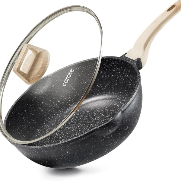 CAROTE 10/12/12.5 Inch Nonstick Deep Frying Pan with Lid, Jumbo Cooker Saute Pan with Pour Spout, Skillet Induction Cookware, Non Stick Cooking Pan PFOA Free, Classic Granite
