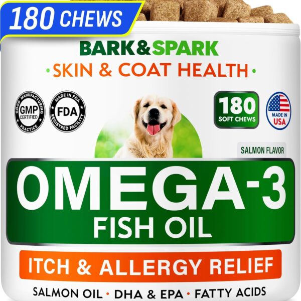 BARK&SPARK Omega 3 for Dogs - 180 Fish Oil Treats for Dog Shedding, Skin Allergy, Itch Relief, Hot Spots Treatment - Joint Health - Skin and Coat Supplement - EPA & DHA Fatty Acids - Salmon Oil