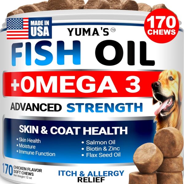 Omega 3 Fish Oil for Dogs - 170 Chews - Skin and Coat Supplement - Omega 3 for Dogs - Dry & Itchy Skin Relief Treatment - Allergy Support Dog Anti Shedding Treats - Salmon - EPA & DHA - Chicken Flavor