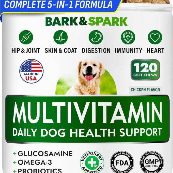 BARK&SPARK Dog Vitamins & Supplements - Multivitamin Chewable Treats for Dogs - Glucosamine Chondroitin for Joint Support + Omega for Skin & Coat + Probiotics - Multi Vitamin for Pets Health - 120Ct