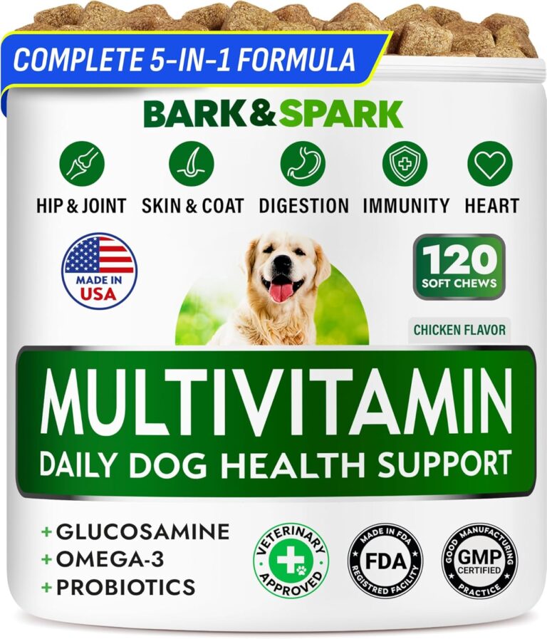 BARK&SPARK Dog Vitamins & Supplements - Multivitamin Chewable Treats for Dogs - Glucosamine Chondroitin for Joint Support + Omega for Skin & Coat + Probiotics - Multi Vitamin for Pets Health - 120Ct