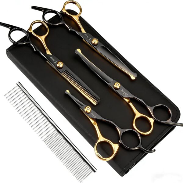 Dog Grooming Scissors Kit, Fcysy Professional Pet Shears for Cats at Home, Dog Grooming Tools with Curved & Straight Blades Scissors Thinning Shears Pet Supply Set