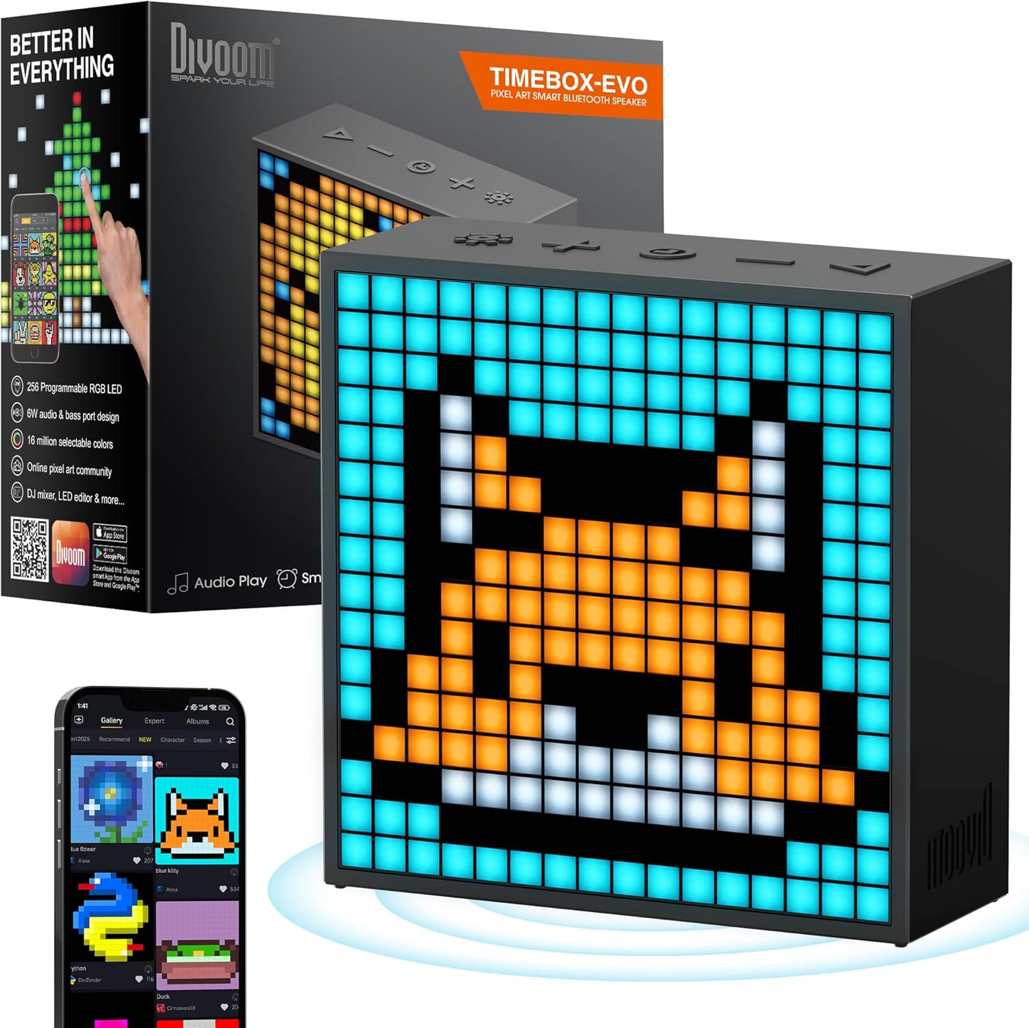 Divoom TimeBox Evo -- Pixel Art Bluetooth Speaker with 16x16 LED Display APP Control - Cool Animation Frame & Gaming Room Setup & Bedside Alarm Clock- Black Divoom TimeBox Evo -- Pixel Art Bluetooth Speaker with 16x16 LED Display APP Control - Cool Animation Frame & Gaming Room Setup & Bedside Alarm Clock- Black