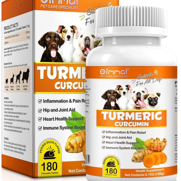 Turmeric for Dogs, 180 Turmeric Curcumin Tablets Supports Heart, Immune System Booster, Hip & Joint Support, Dog Pain Relief, Pet Supplement Treats for All Breeds Dogs & Ages - 180 Tablets / 5.1 OZ
