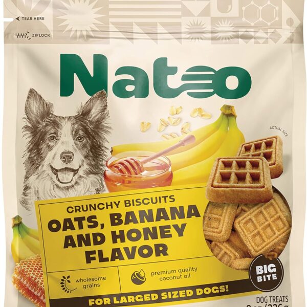 NATOO Dog Treats for Large Breed, Crunchy Biscuits Oats Banana and Honey, Natural Dog Treats, Rich in Omega 6, Prebiotics and Fiber, Antioxidants for Immunity, 8oz