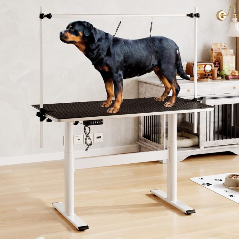 Garveelife Electric Dog Grooming Table, 46 in Heavy Duty Pet Grooming Table w/Table Top & Overhead Arm Height Stepless Adjustable