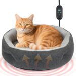 Heated Cat Bed for Indoor Cats, 20" Soft & Cozy Donut Pet Bed with Timer & Temp Adjustable Heating Pad for Indoor Kitten, Puppies and Small Dogs