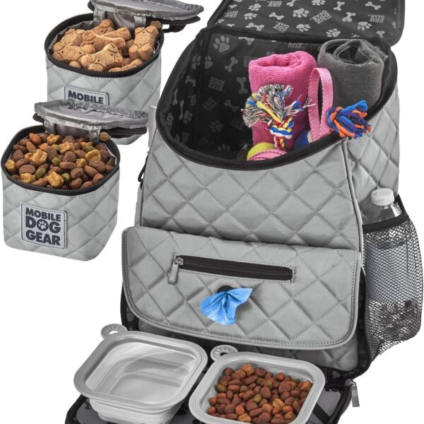 Mobile Dog Gear, Dog Travel Bag, Deluxe Quilted Weekender Backpack, Includes Lined Food Carriers and 2 Collapsible Dog Bowl, Gray