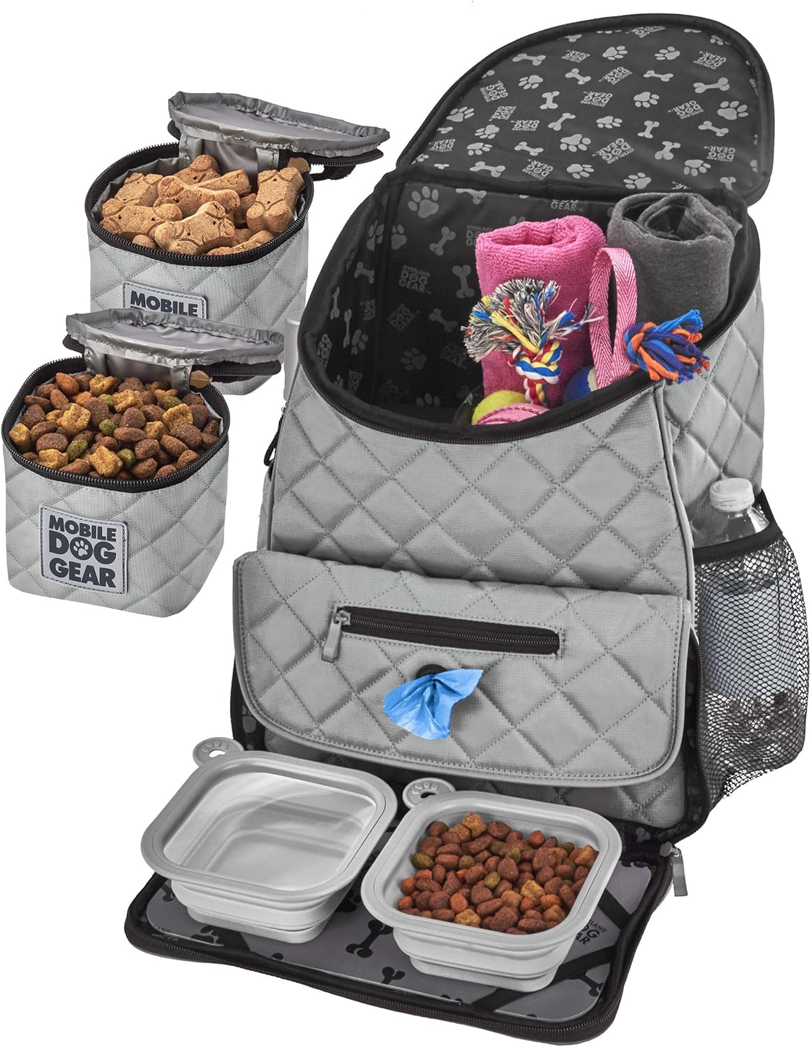 Mobile Dog Gear, Dog Travel Bag, Deluxe Quilted Weekender Backpack, Includes Lined Food Carriers and 2 Collapsible Dog Bowl, Gray Mobile Dog Gear, Dog Travel Bag, Deluxe Quilted Weekender Backpack, Includes Lined Food Carriers and 2 Collapsible Dog Bowl, Gray
