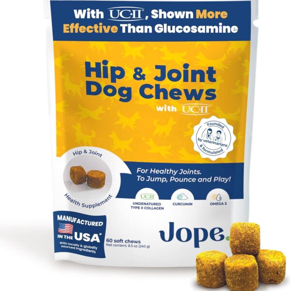 Jope Hip & Joint Supplement for Dogs Large, Medium, Small - Joint Chews w/UC-II Collagen - Proven Better Than Glucosamine Chondroitin in Canine Health - Veterinarian Formulated, Omega 3 & Curcumin