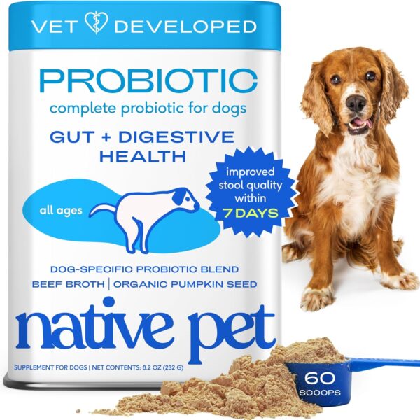 Native Pet Probiotics for Dogs - Dog Probiotics Powder for Digestive Health, Gut Support, & Immune Boost Vet-Formulated Powder for Maximum Potency with Digestive Enzymes & Prebiotics - 60 Scoops