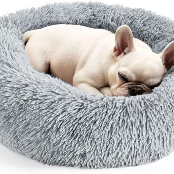 Dogs Bed for Small Dogs, Anti-Anxiety Washable Round Bed (Light Grey, 24.0" L x 24.0" W x 8.0" Th)