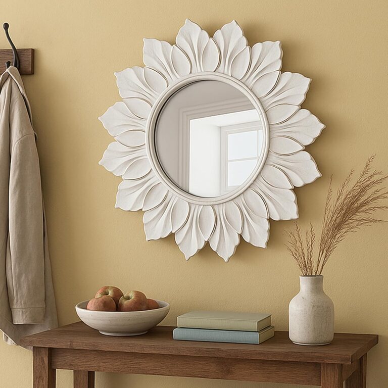 Sunflower Sunburst Wall Mirror, 22" Distressed White Wooden Frame, Handcrafted Petal Floral Design, Vintage Farmhouse Style Mirror for Wall Decor for Living Room, Bedroom, Bathroom, Vanity