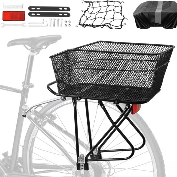 YEEGO DIRECT Rear Bike Rack with Basket, Detachable Adjustable Bike Basket Rear,Bike Cargo Rack with 26L Waterproof Cover & Cargo Net and for 24" - 27.5" and 700c Bikes