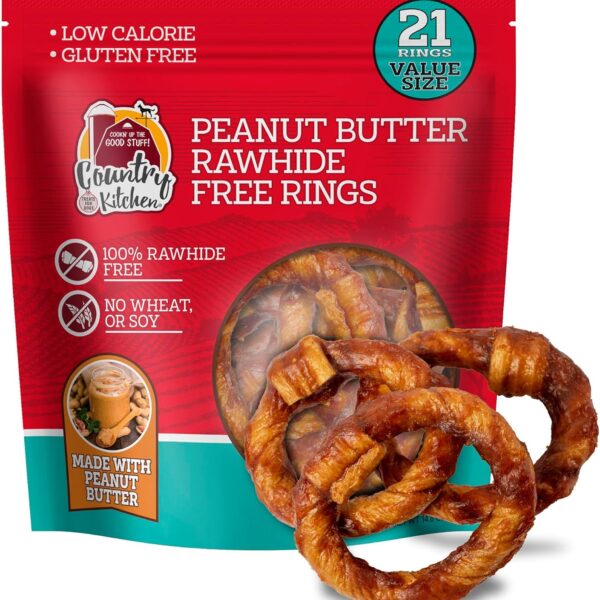 Country Kitchen Peanut Butter Rawhide Free Rings Dog Chews, 21 Count