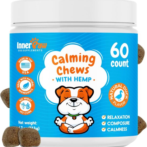INNER PAW Calming Chews for Dogs  Hemp, Chamomile & Passion Flower  Natural Calming Aid for Stress, Relaxation, Travel & Separation  Duck Flavor Soft Chews Made in USA, 60 Count