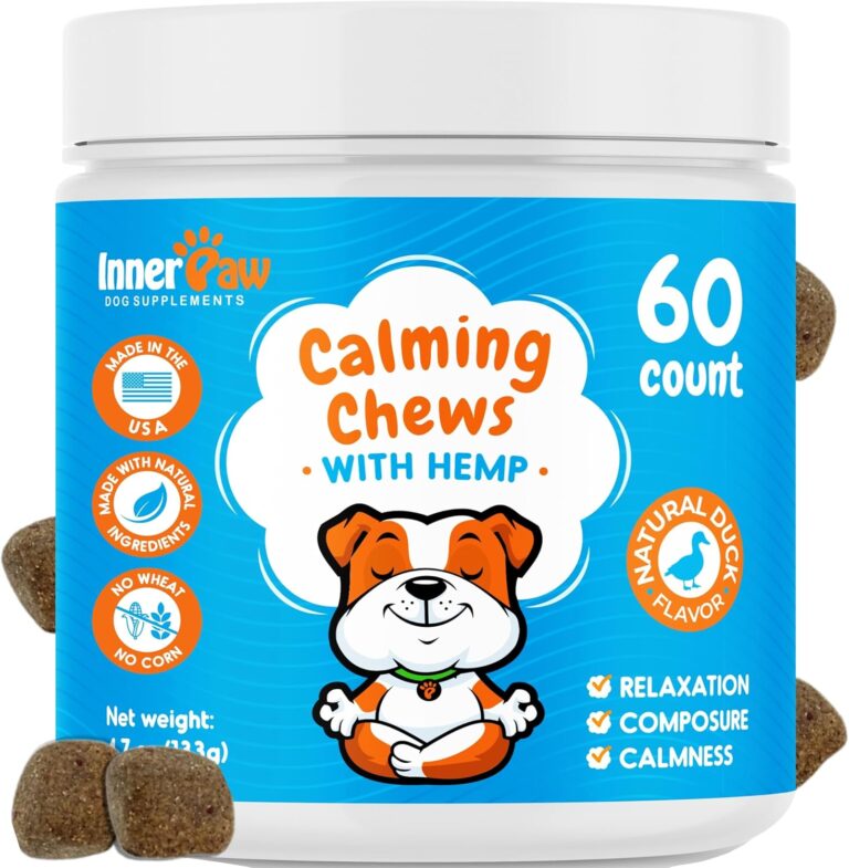 INNER PAW Calming Chews for Dogs  Hemp, Chamomile & Passion Flower  Natural Calming Aid for Stress, Relaxation, Travel & Separation  Duck Flavor Soft Chews Made in USA, 60 Count