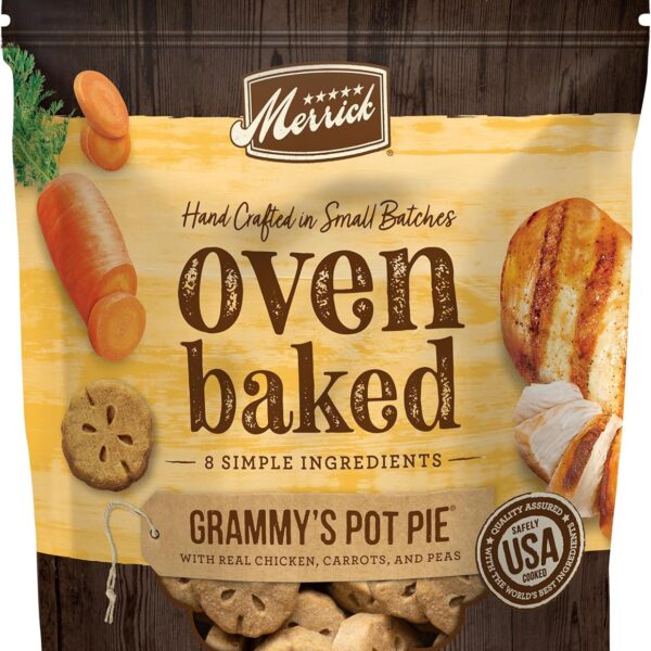 Merrick Oven Baked Natural And Crunchy Bag Of Treats, Dog Chicken Treats, Grammys Pot Pie With Real Chicken - 11 oz. Bag