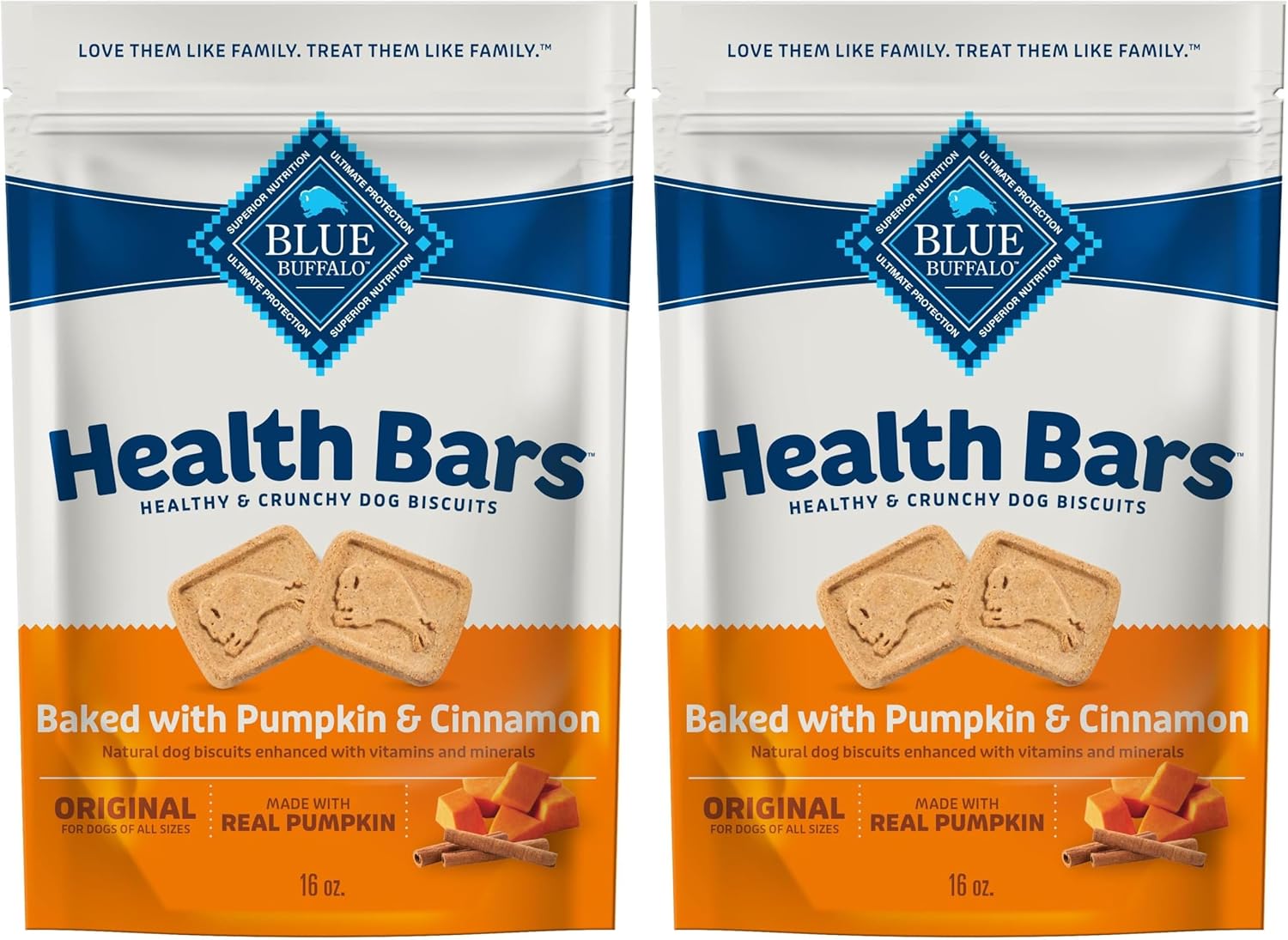 Blue Buffalo Health Bars Crunchy Dog Biscuits, Oven-Baked with Natural Ingredients, Pumpkin & Cinnamon, 16-oz Bag (Pack of 2) Blue Buffalo Health Bars Crunchy Dog Biscuits, Oven-Baked with Natural Ingredients, Pumpkin & Cinnamon, 16-oz Bag (Pack of 2)