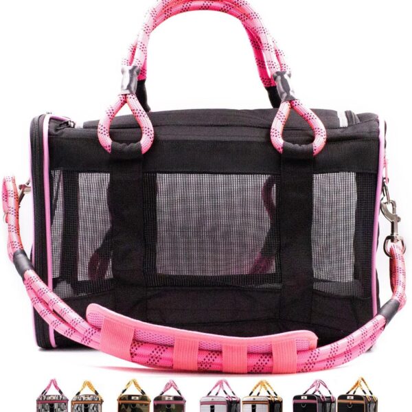 Buddy's Best Airline Approved Pet Carrier Black & Pink Heavy Duty, Fits Under Seat, TSA Compliant, Ventilated Mesh Design w/Waterproof Base & Reflective Safety Strips