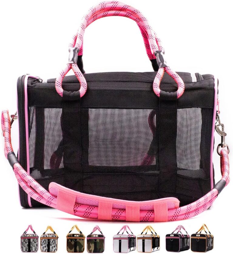 Buddy's Best Airline Approved Pet Carrier Black & Pink Heavy Duty, Fits Under Seat, TSA Compliant, Ventilated Mesh Design w/Waterproof Base & Reflective Safety Strips