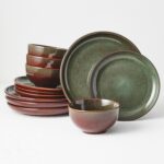Stoneware Dinnerware Sets Service for 4, 12 pcs Reactive Glaze Plates and Bowls Sets, Handmade Ceramic Dish Set, Highly Chip and Crack Resistant Modern Plate Set, Brown Green