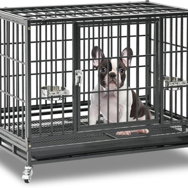 Homey Pet 37 Inch Heavy Duty Dog Crate for Medium Dogs, Stackable Dog Cage with Four Lockable Wheels, Removable Tray & Grid, Open Top, Escape Proof Dog Kennel Indoor