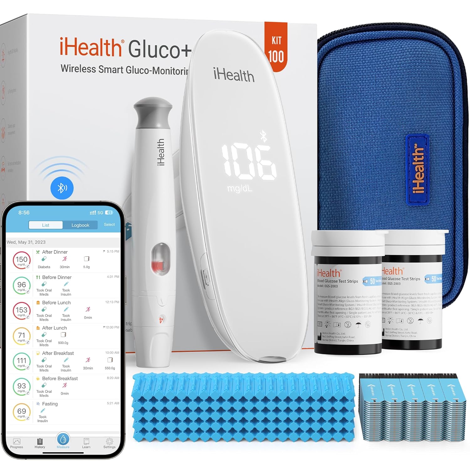 iHealth Gluco+ Wireless Smart Blood Glucose Monitor Kit with Free App, 100 Glucometer Strips, 100 Lancets, 1 Blood Sugar Monitor, 1 Lancing Device, Portable Diabetes Testing Kit for Home Use iHealth Gluco+ Wireless Smart Blood Glucose Monitor Kit with Free App, 100 Glucometer Strips, 100 Lancets, 1 Blood Sugar Monitor, 1 Lancing Device, Portable Diabetes Testing Kit for Home Use