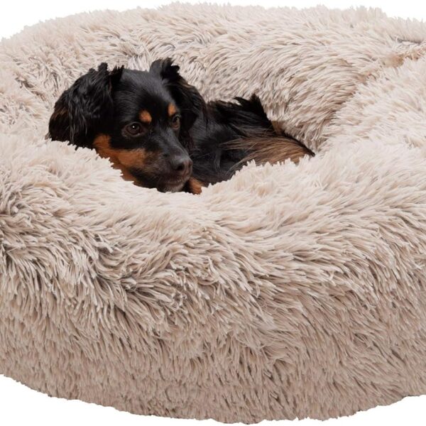Furhaven 30" Round Calming Donut Dog Bed for Medium/Small Dogs, Refillable w/ Removable Washable Cover, For Dogs Up to 45 lbs - Shaggy Plush Long Faux Fur Donut Bed - Taupe, Medium