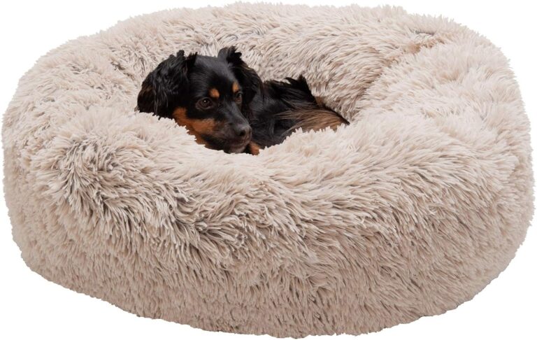 Furhaven 30" Round Calming Donut Dog Bed for Medium/Small Dogs, Refillable w/ Removable Washable Cover, For Dogs Up to 45 lbs - Shaggy Plush Long Faux Fur Donut Bed - Taupe, Medium