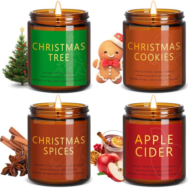 Christmas Candle Gift Set, 4 Pack 7 oz Soy Scented Candles for Home, Holiday & Birthday Gift for Women & Men, Includes Christmas Tree, Cookies, Spices & Apple Cider, Winter Holiday Home Decor