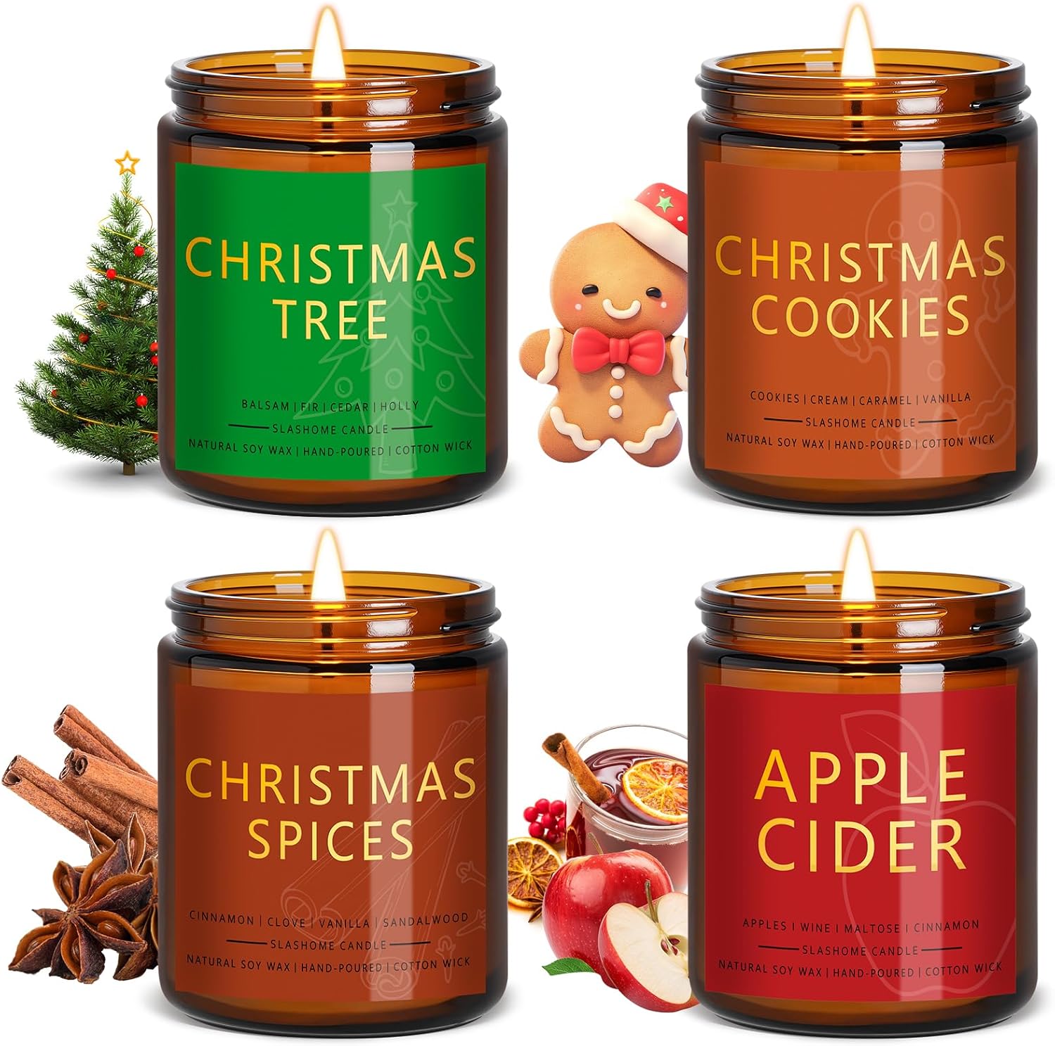 Christmas Candle Gift Set, 4 Pack 7 oz Soy Scented Candles for Home, Holiday & Birthday Gift for Women & Men, Includes Christmas Tree, Cookies, Spices & Apple Cider, Winter Holiday Home Decor Christmas Candle Gift Set, 4 Pack 7 oz Soy Scented Candles for Home, Holiday & Birthday Gift for Women & Men, Includes Christmas Tree, Cookies, Spices & Apple Cider, Winter Holiday Home Decor