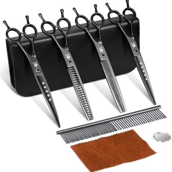 Dream Reach Dog Grooming Scissors - Professional 7.5 Inch Pet Scissors Sharp and Durable Shears Set Thinning, Chunker, Straight, Curved Shears and Comb for Dog Cat Pet, Black